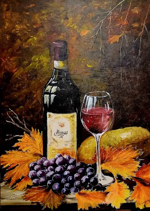 Vin og brød med druer og blade  50 x 70 cm- Pris 3500 kr.